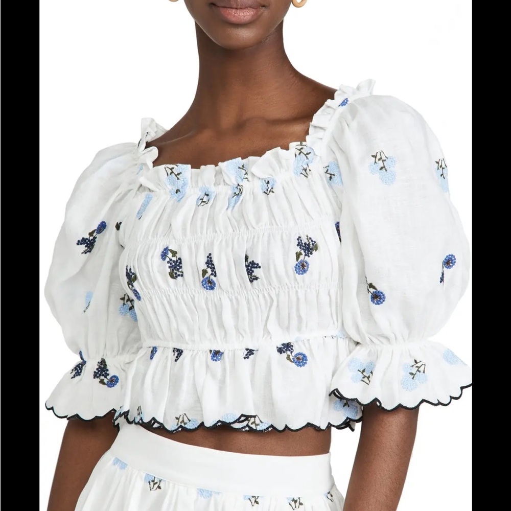 Lug Von Siga Floral Embroidered White Puff Sleeve Linen Crop Top NWOT - Picture 2 of 5